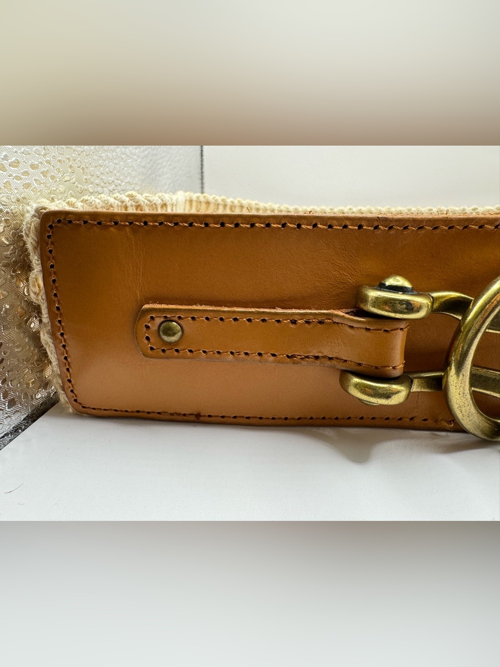 Fossil Woven Stretch Belt Leather Equestrian Buckle Cream Tan Boho - Picture 8 of 12